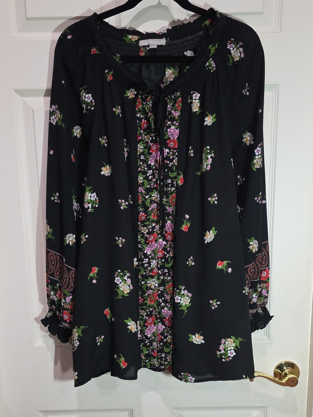 Woman Within Black Floral Peasant Tunic Dress with Long Sleeves
